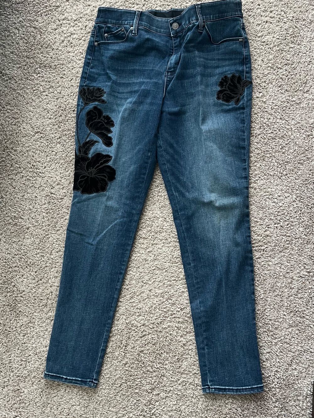 Chico's Dark Blue Skinny Jeans with Black Floral Appliqué